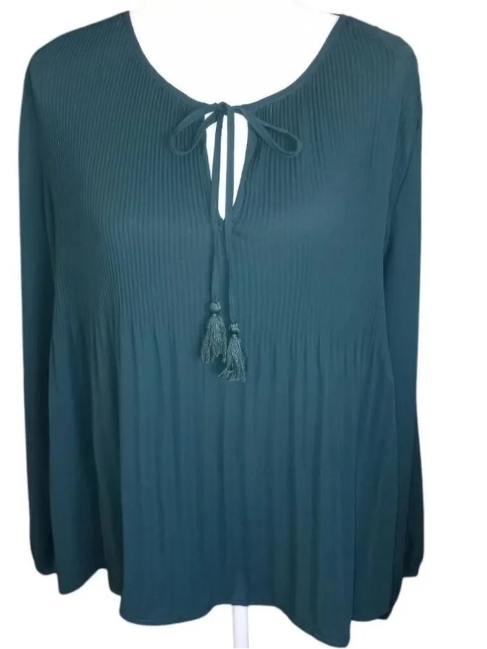 Pleated Teal Tie-Neck Long-Sleeve Tunic
